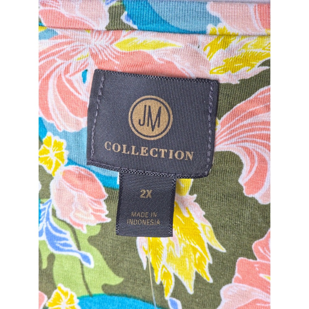 JM Collection Top Womens Plus 2X Avocado Garden Floral Scoop Neck Short Sleeve - Picture 4 of 6